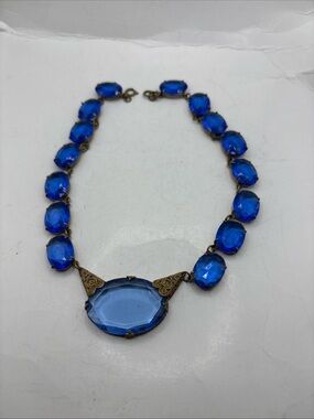 Art Deco Czech Glass Colbolt blue Faceted prong set open back choaker 14”